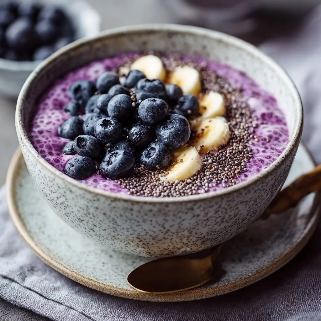 Blueberry chia pudding bowl topped with fresh blueberries and nuts
