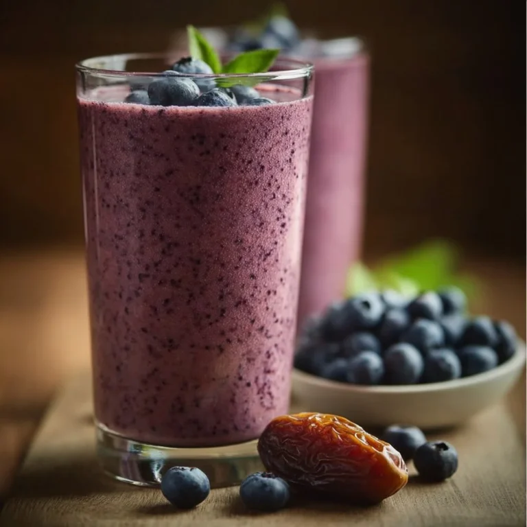 Delicious blueberry date smoothie in a glass with fresh blueberries and dates