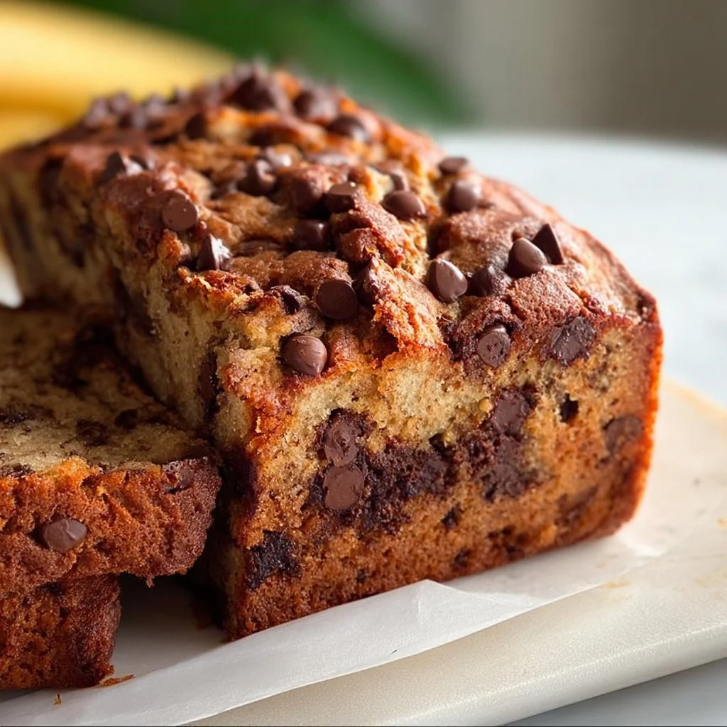 Delicious slice of Brown Butter Chocolate Chip Banana Bread with chocolate chips