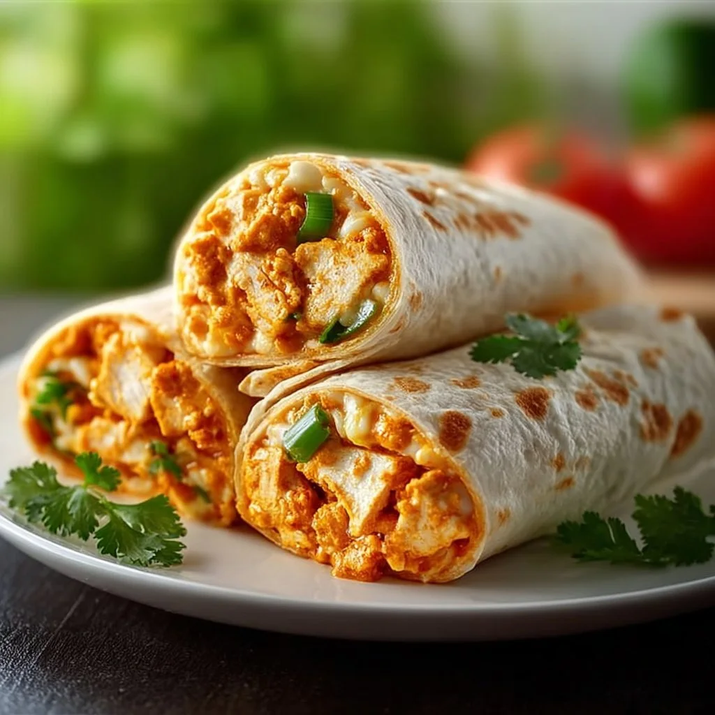 Delicious Buffalo Chicken Breakfast Burritos served on a plate