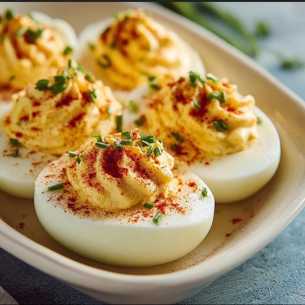 Cheesy deviled eggs topped with herbs and spices on a platter.