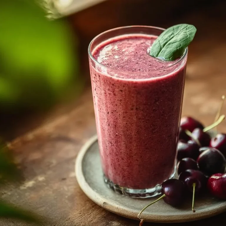 A vibrant Cherry Spinach Smoothie in a glass garnished with fresh cherries.