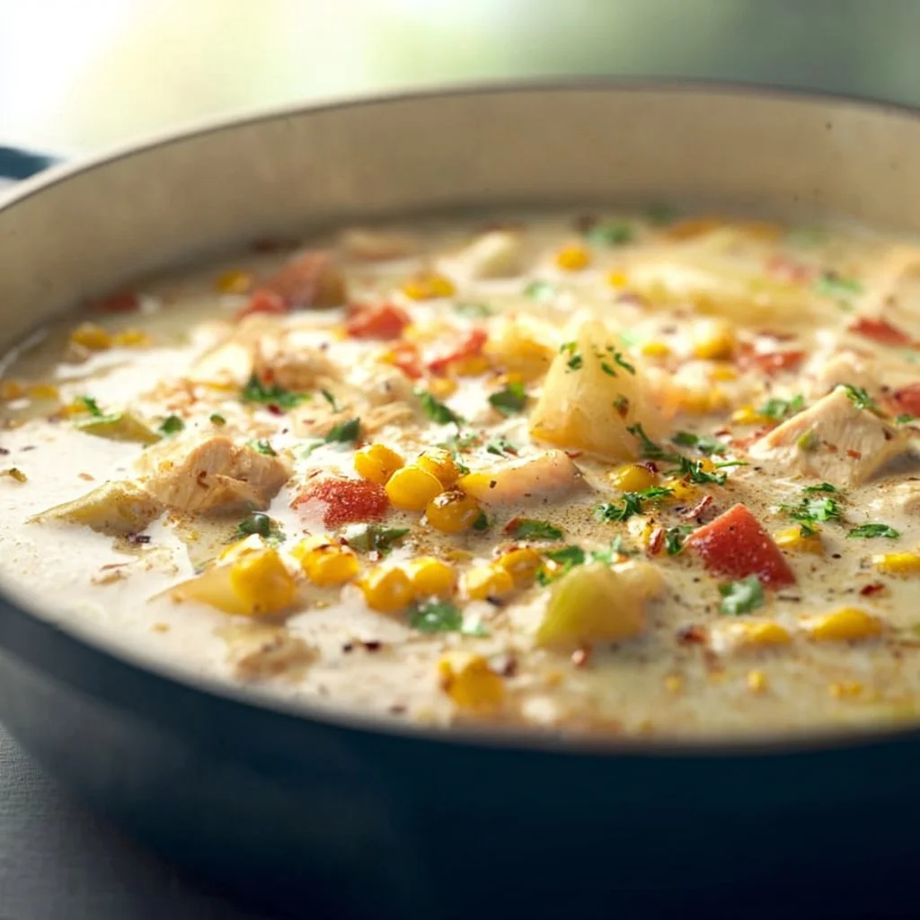 Bowl of creamy Chicken Corn Chowder with corn and vegetables