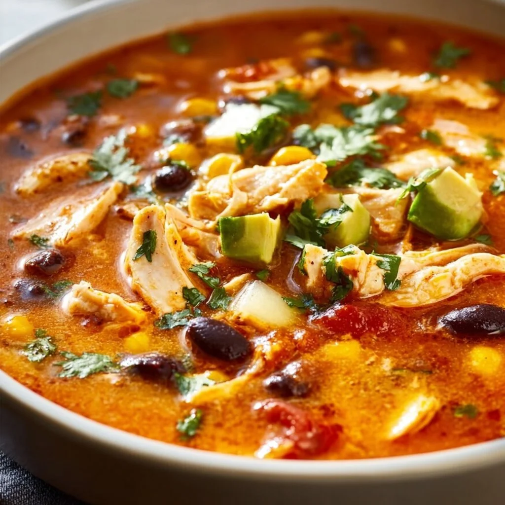 Delicious Chicken Enchilada Soup garnished with cheese and cilantro