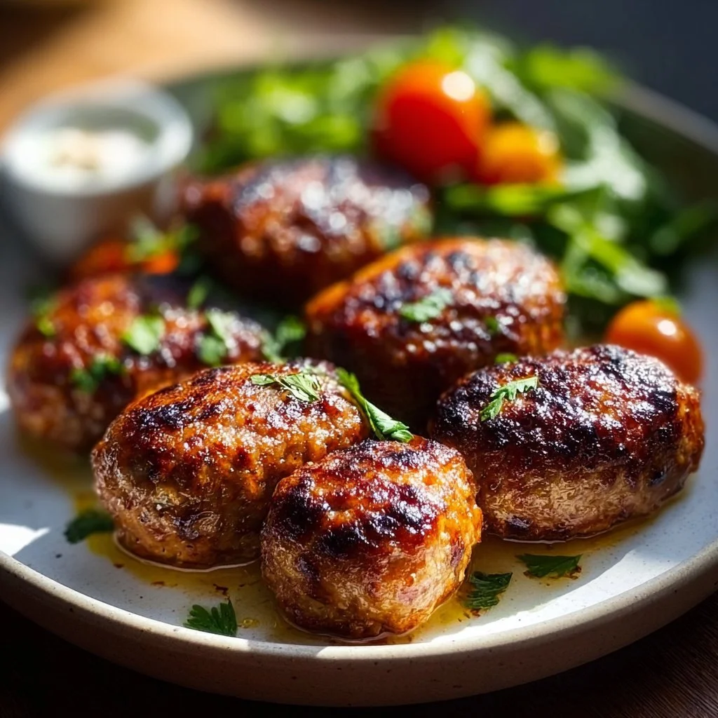 Plate of juicy chicken meatballs garnished with herbs and served with sauce.