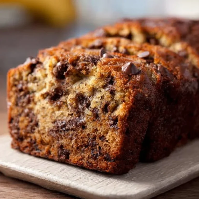 Sliced chocolate chip banana bread on a wooden cutting board