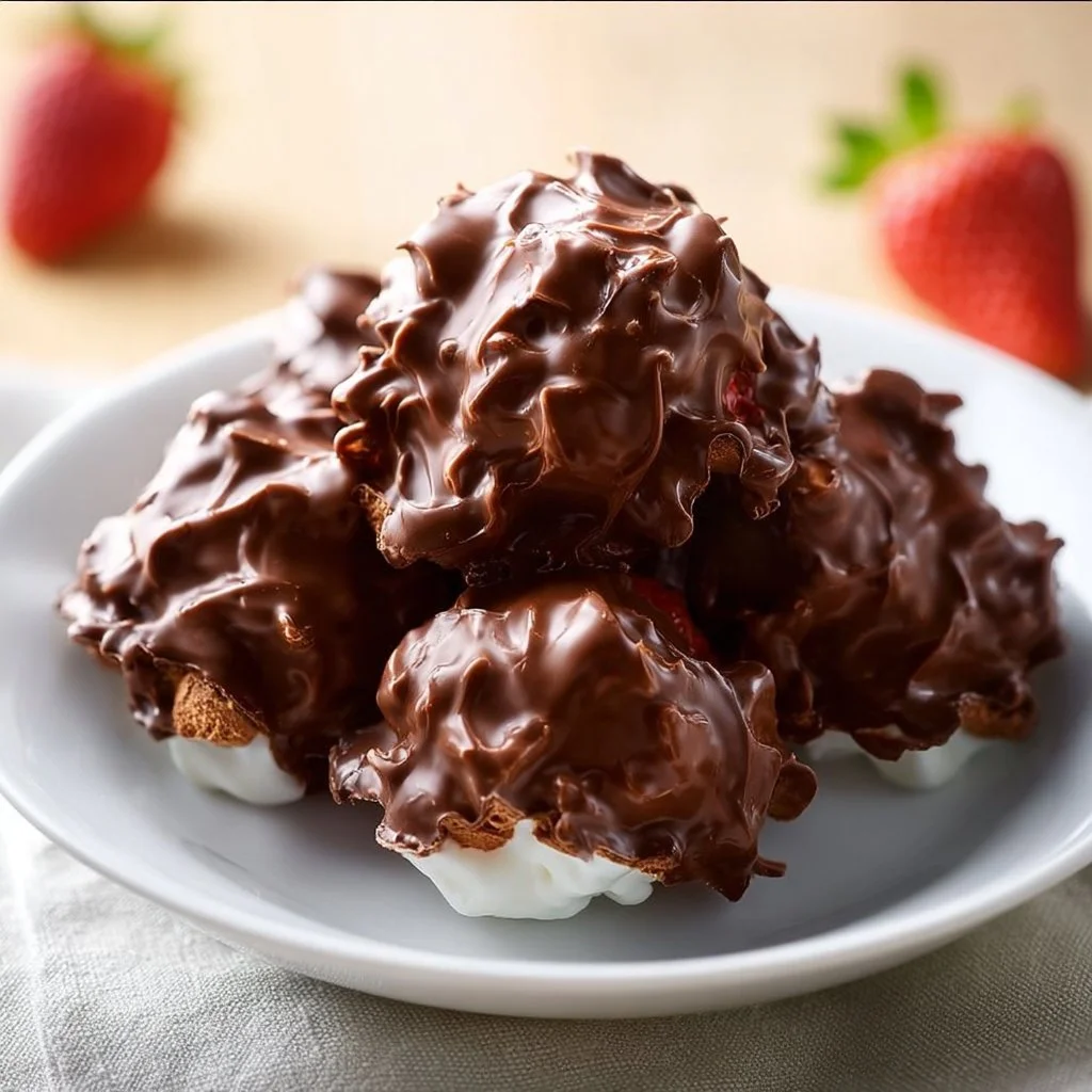 Delicious chocolate-covered strawberry yogurt clusters on a plate.
