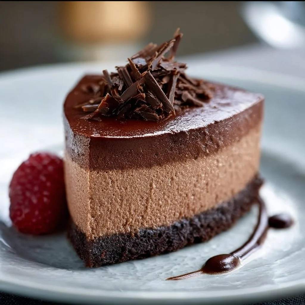 Delicious Chocolate Mousse Cake topped with chocolate shavings and whipped cream