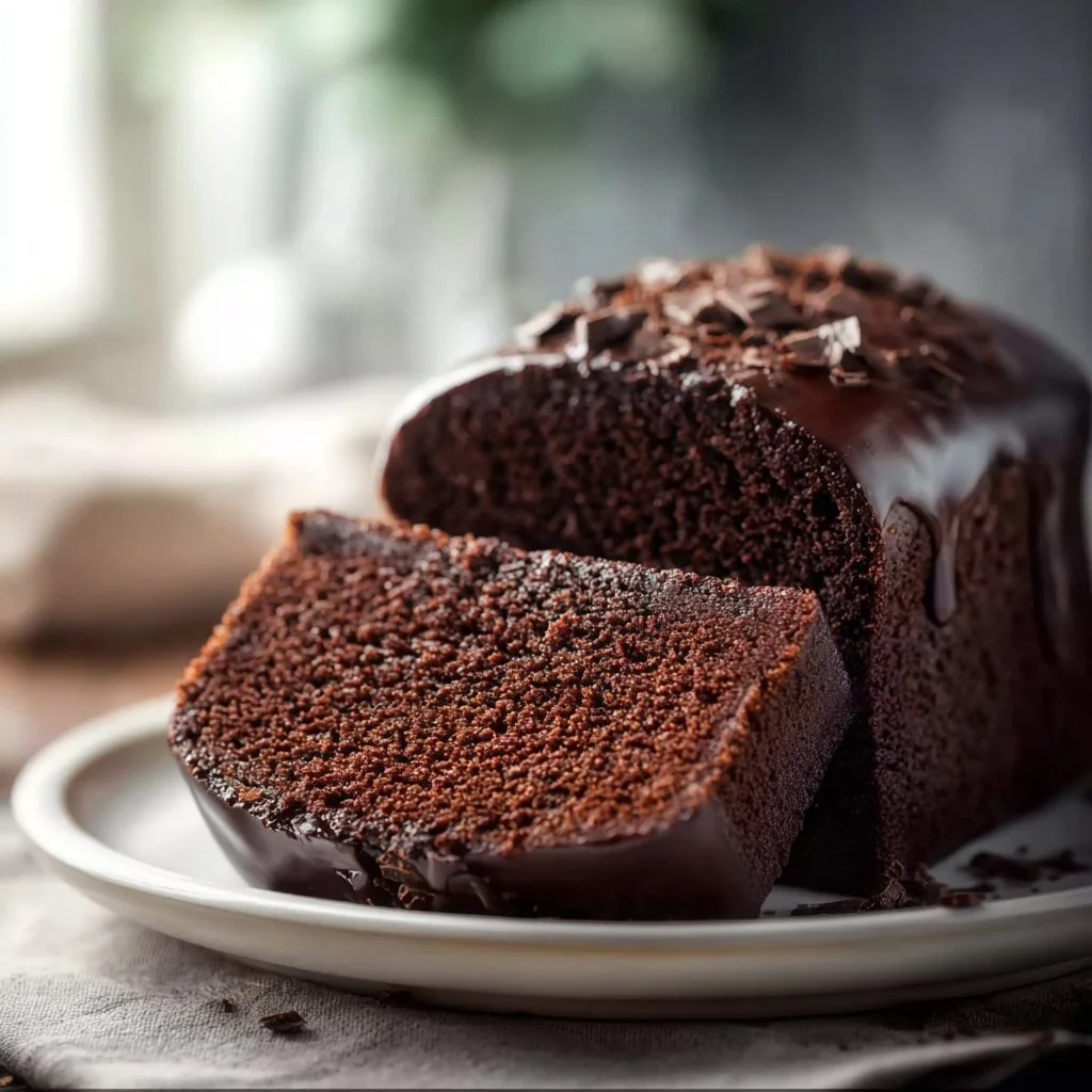 Delicious homemade chocolate pound cake served with chocolate drizzle