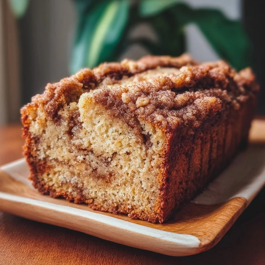 Sliced cinnamon crumb banana bread on a wooden table with a dusting of sugar.