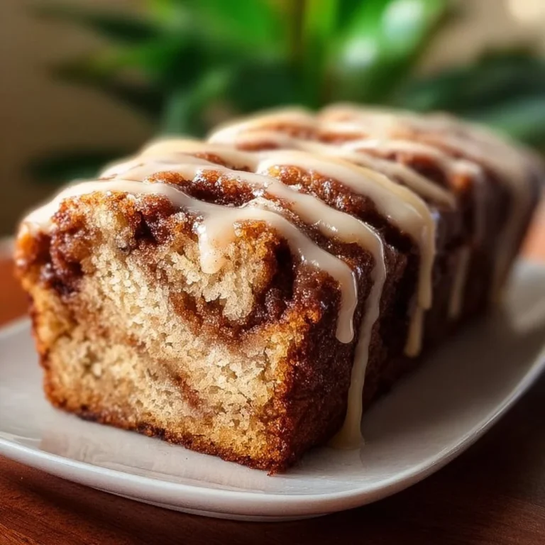 Sliced cinnamon roll banana bread on a wooden table, topped with icing.