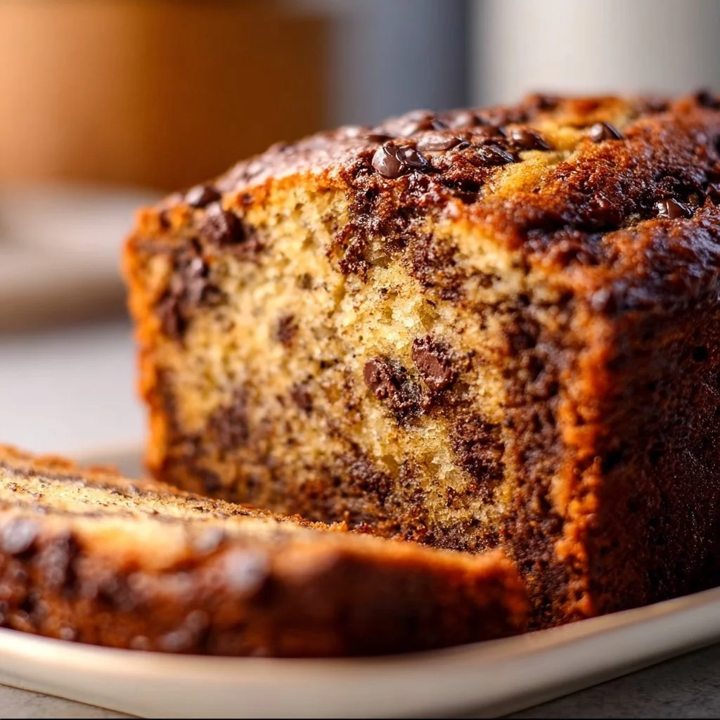 Freshly baked classic chocolate chip banana bread loaf with chocolate chips
