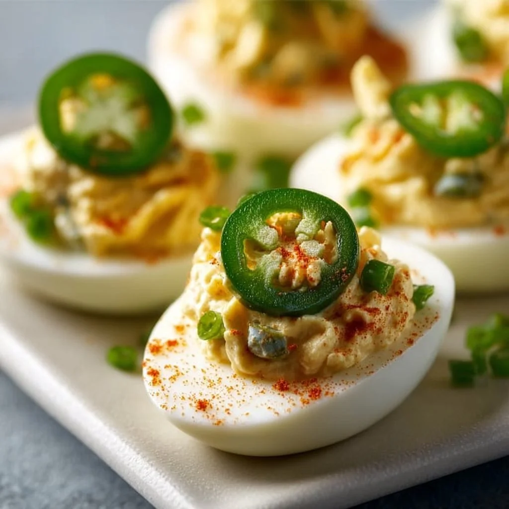 Con-Lover's Jalapeño Popper Deviled Eggs on a serving platter