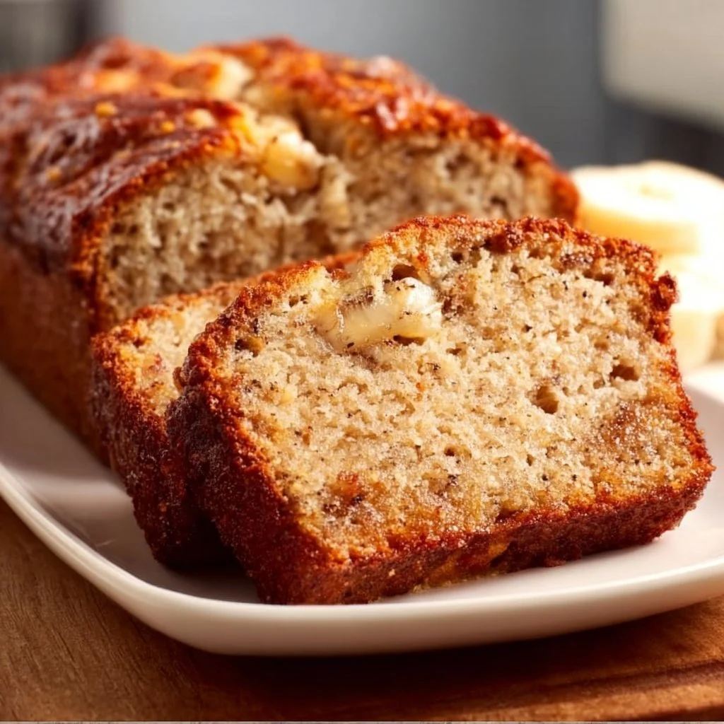 Cottage cheese banana bread loaf with fresh bananas and walnuts on a wooden table.