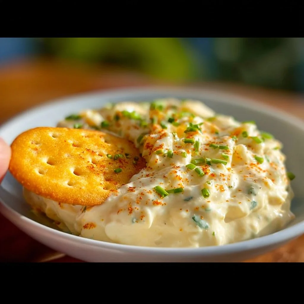 Cottage Cheese Deviled Egg Dip in a bowl with fresh vegetables for dipping