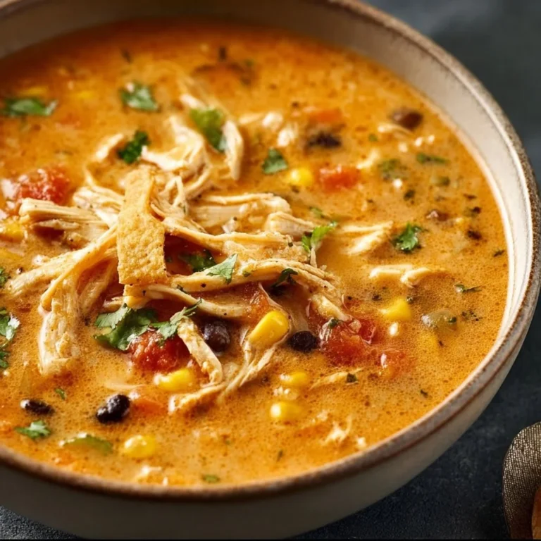 Creamy chicken tortilla soup topped with crispy tortilla strips and fresh cilantro