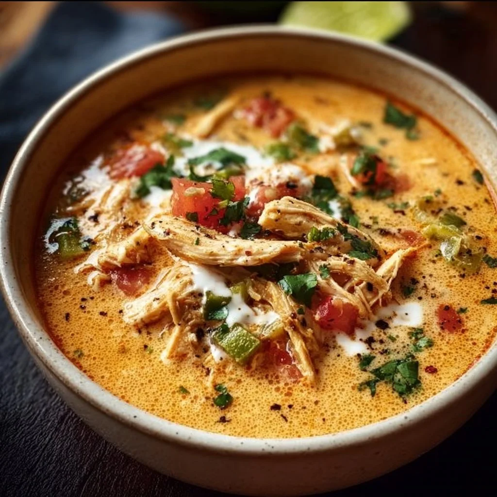 Creamy chicken tortilla soup garnished with tortilla strips and herbs