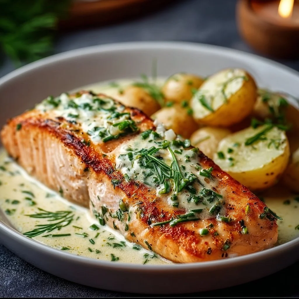 Creamy chive salmon topped with fresh herbs on a plate