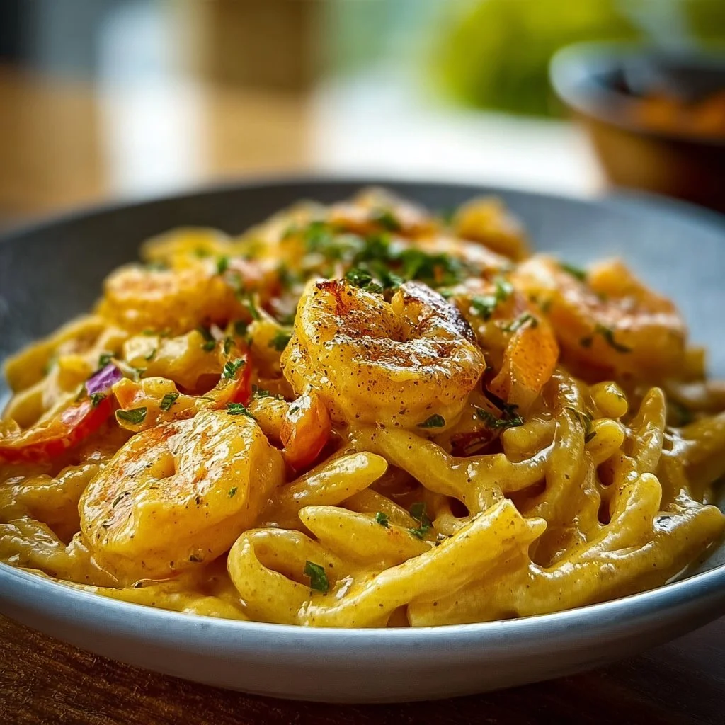 Delicious creamy Jamaican Shrimp Rasta Pasta with colorful peppers and shrimp