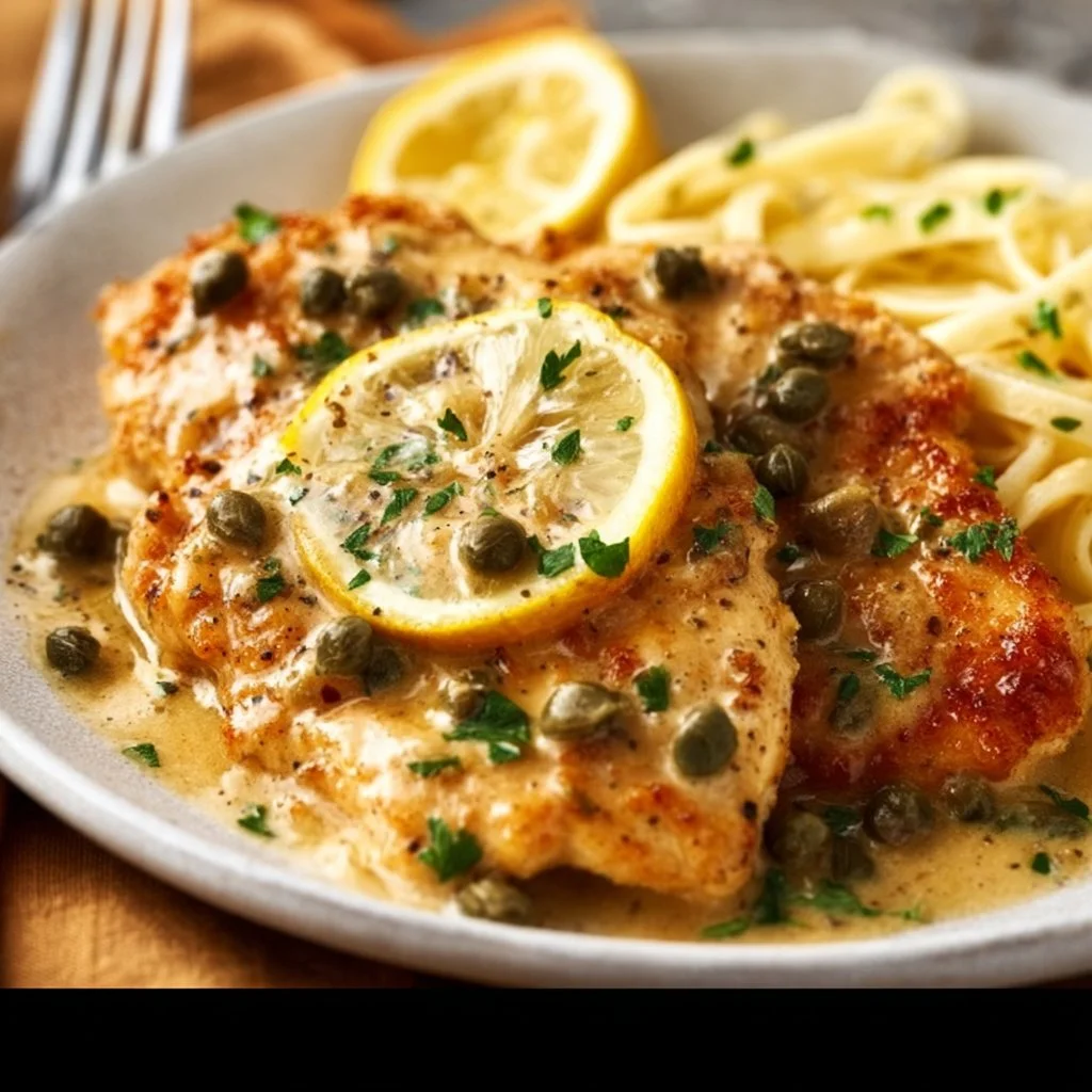 Creamy lemon chicken piccata with capers and fresh parsley on a plate