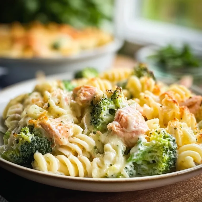 Creamy salmon and broccoli pasta bake in a baking dish with cheese topping
