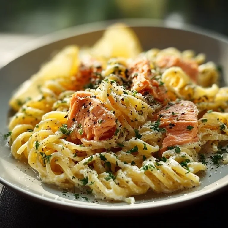 Creamy salmon pasta dish garnished with herbs and served in a bowl