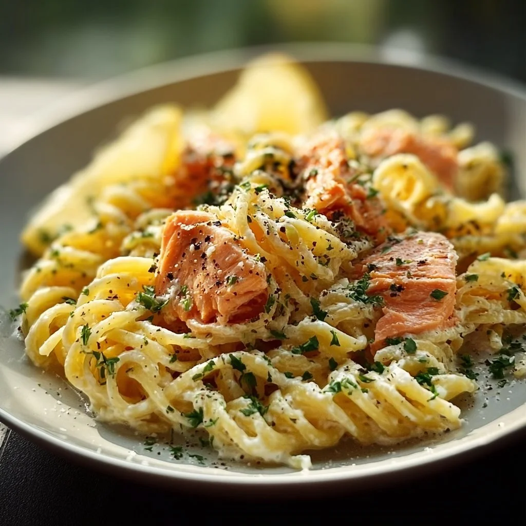 Creamy salmon pasta dish garnished with herbs and served in a bowl