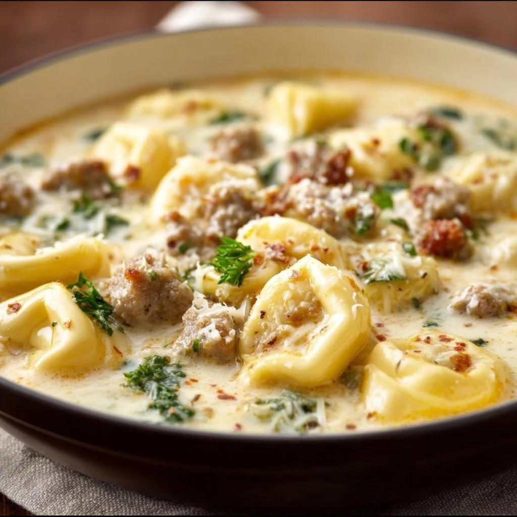 Bowl of creamy sausage tortellini soup with fresh herbs and spices
