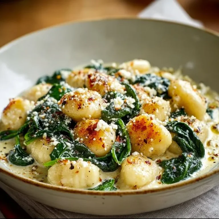 Creamy spinach and feta gnocchi dish garnished with herbs