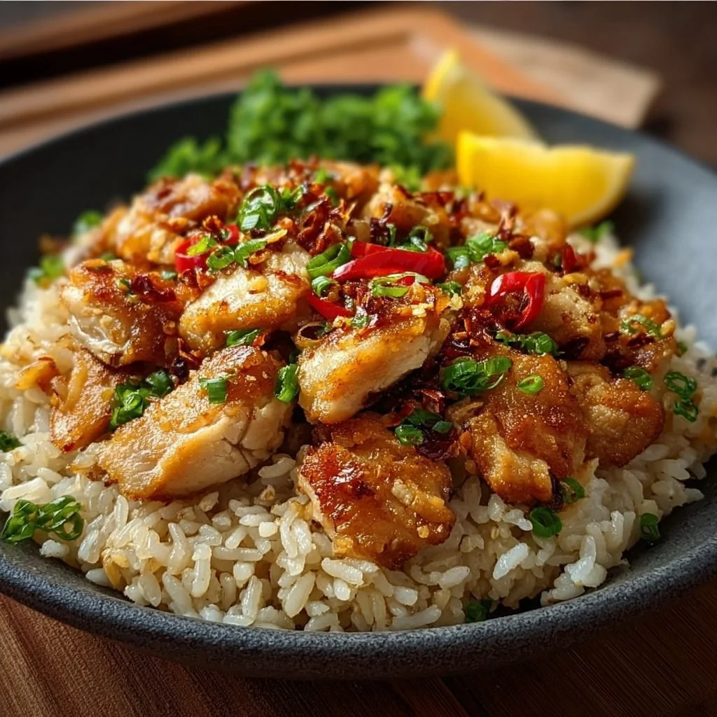 Crispy garlic chicken served over rice with fresh herbs