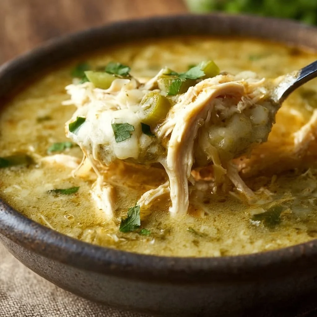 Bowl of Crock Pot Green Enchilada Chicken Soup garnished with cilantro.