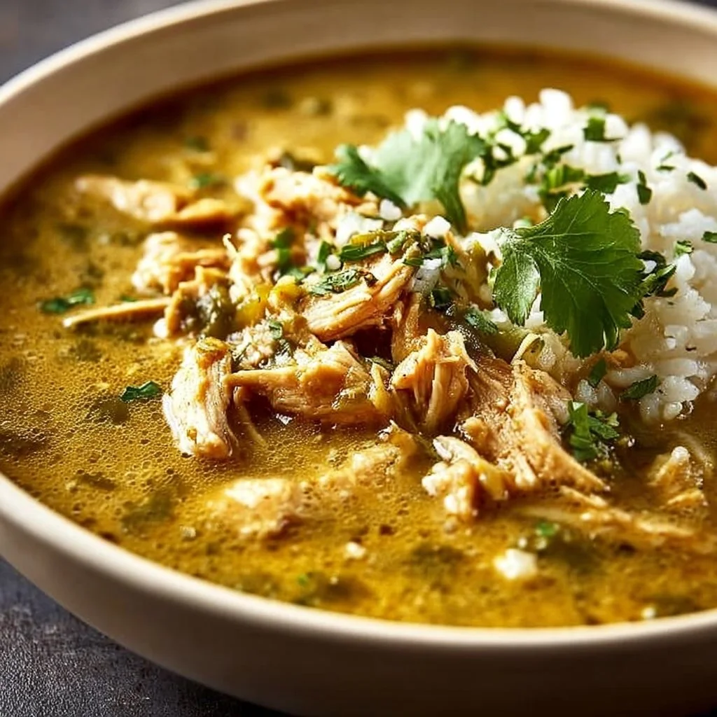 Crockpot Chicken Green Chili served in a bowl with fresh ingredients