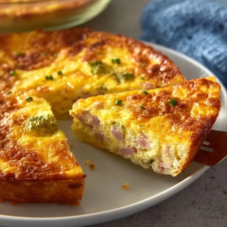 Delicious crustless ham and cheese quiche served on a plate.