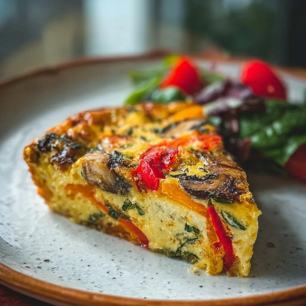 Crustless veggie quiche with colorful vegetables and herbs in a baking dish.
