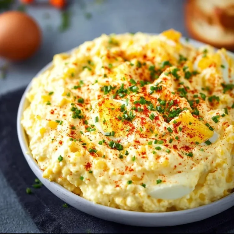 Delicious deviled egg dip served in a bowl with garnish