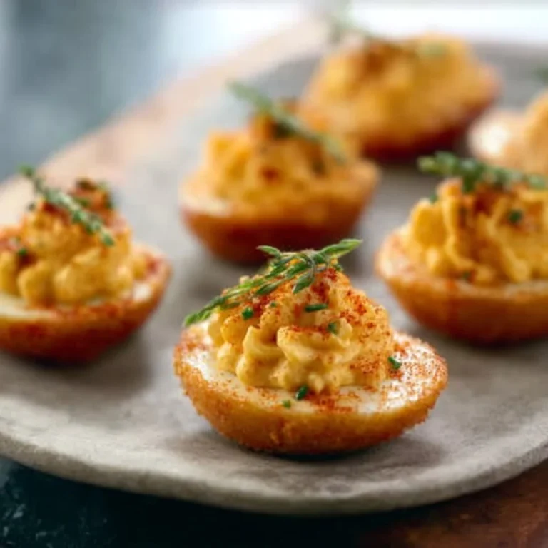 Platter of beautifully arranged deviled eggs garnished with herbs.