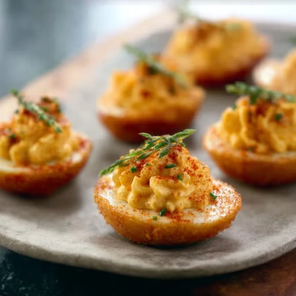 Platter of beautifully arranged deviled eggs garnished with herbs.