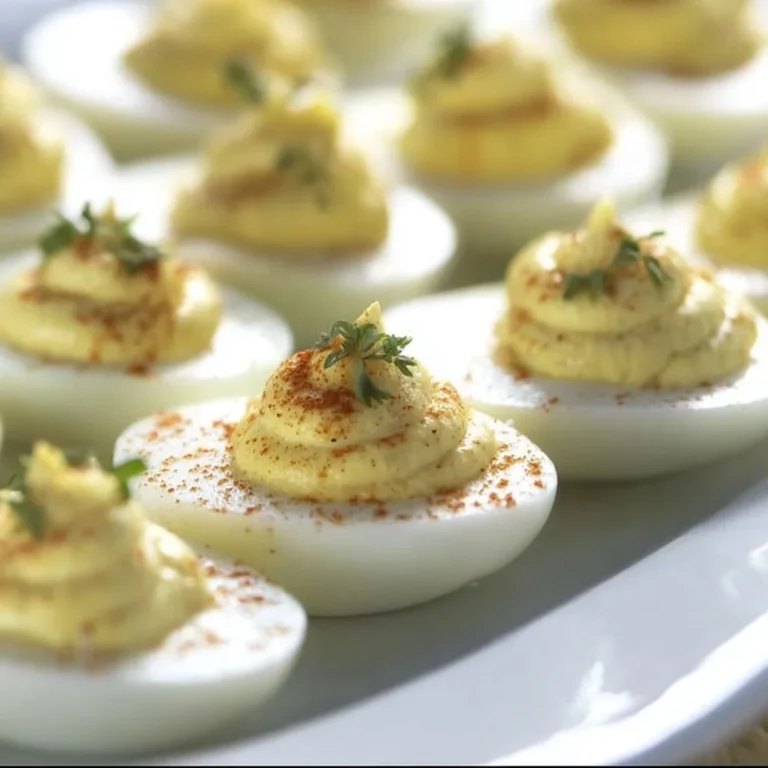 A platter of classic deviled eggs garnished with paprika and herbs.