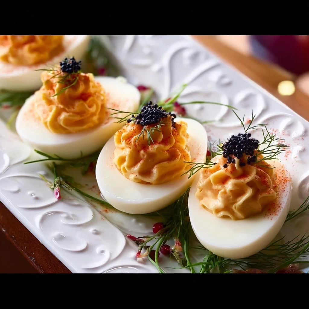 Gourmet deviled eggs royale garnished with herbs and spices