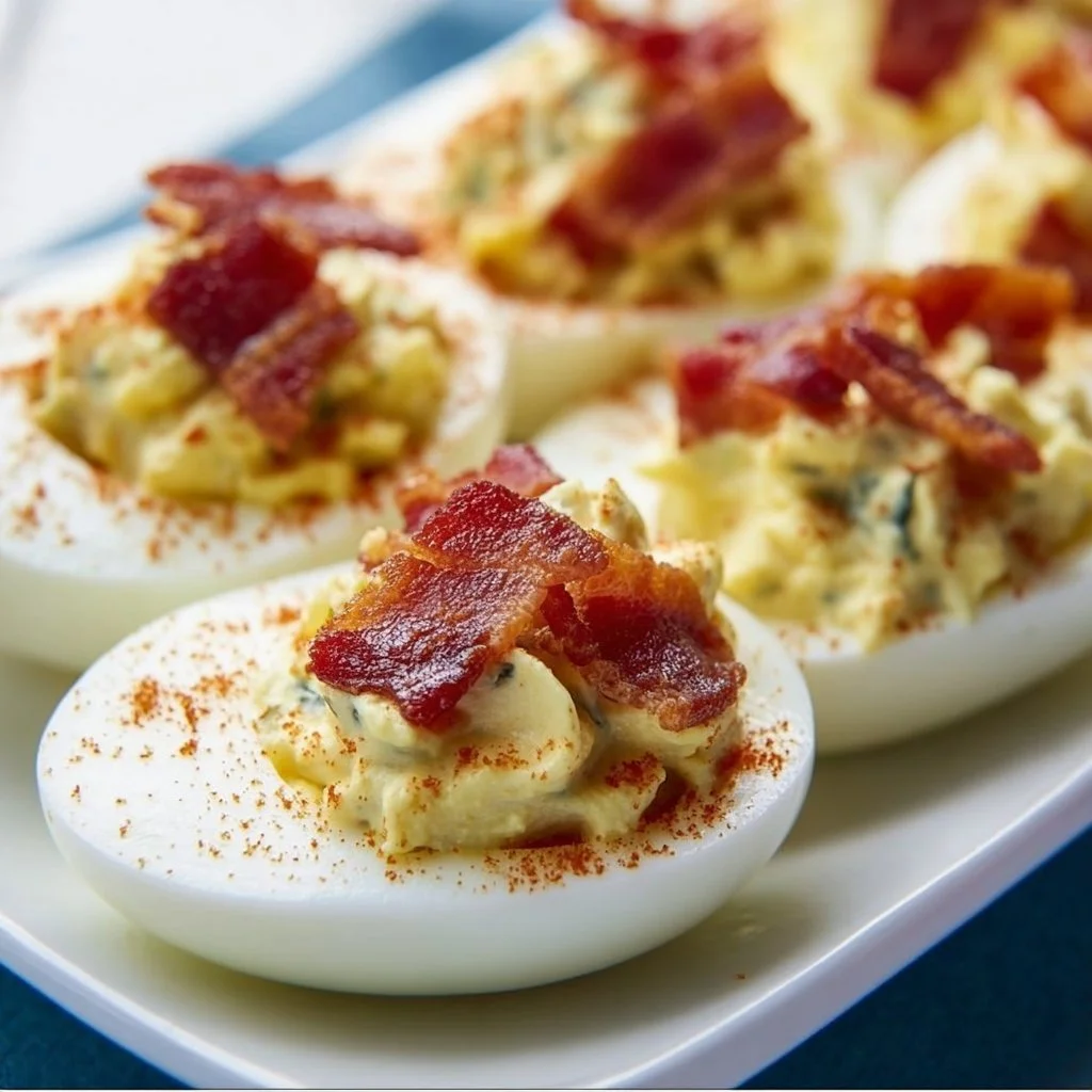 Platter of deviled eggs with bacon garnish
