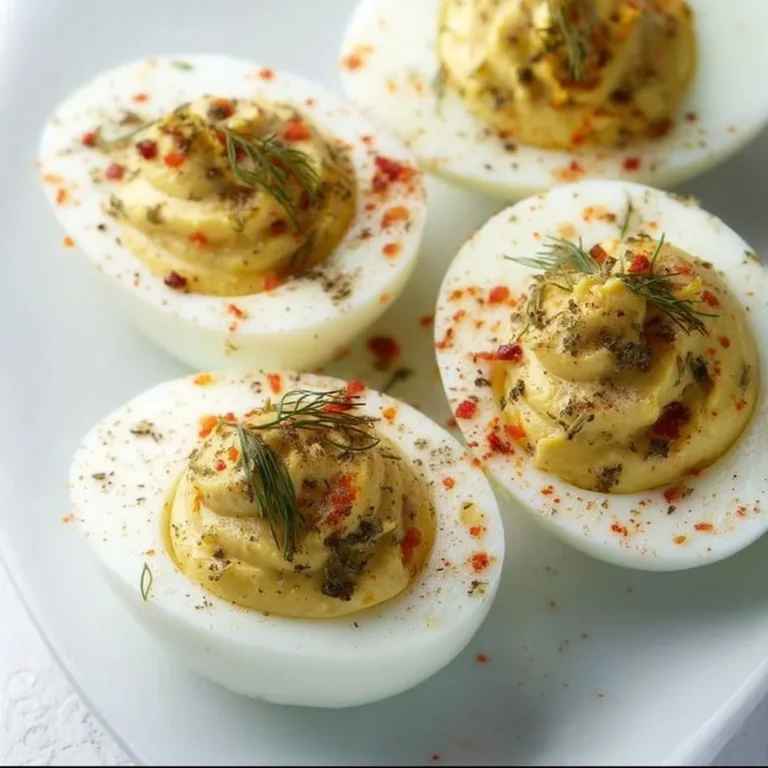 Plate of deviled eggs with dill relish garnished on top.