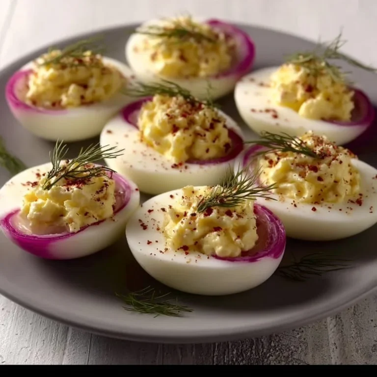Deviled eggs topped with creamy goat cheese and garnished with herbs