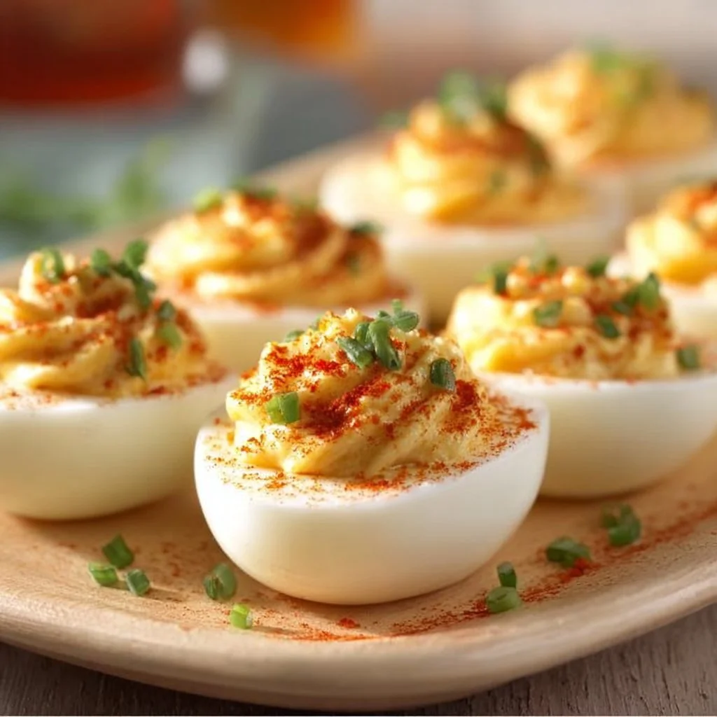 Deviled eggs with relish served on a platter for a delightful appetizer.