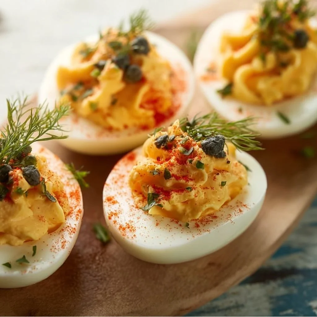 A plate of Dijon Deviled Eggs garnished with herbs, ready for serving.