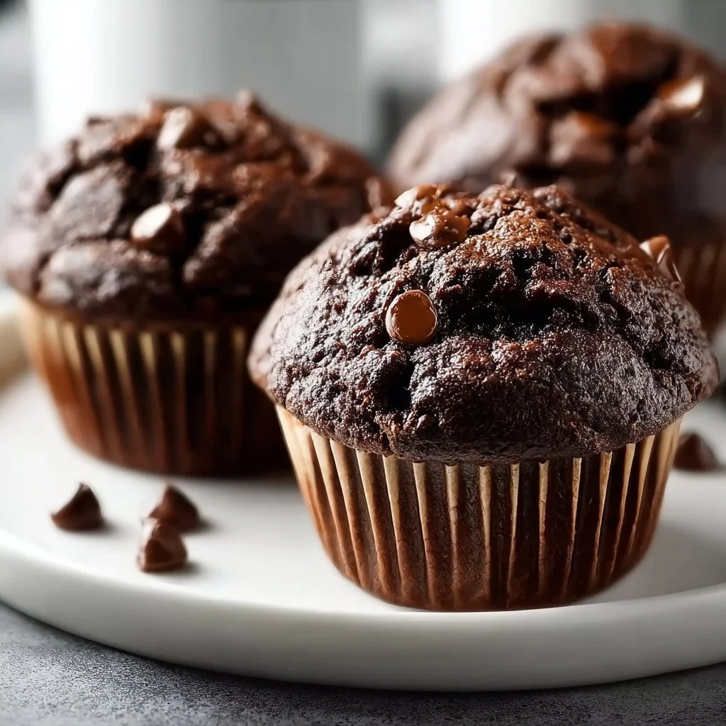 Double chocolate espresso muffins topped with chocolate chips and espresso.