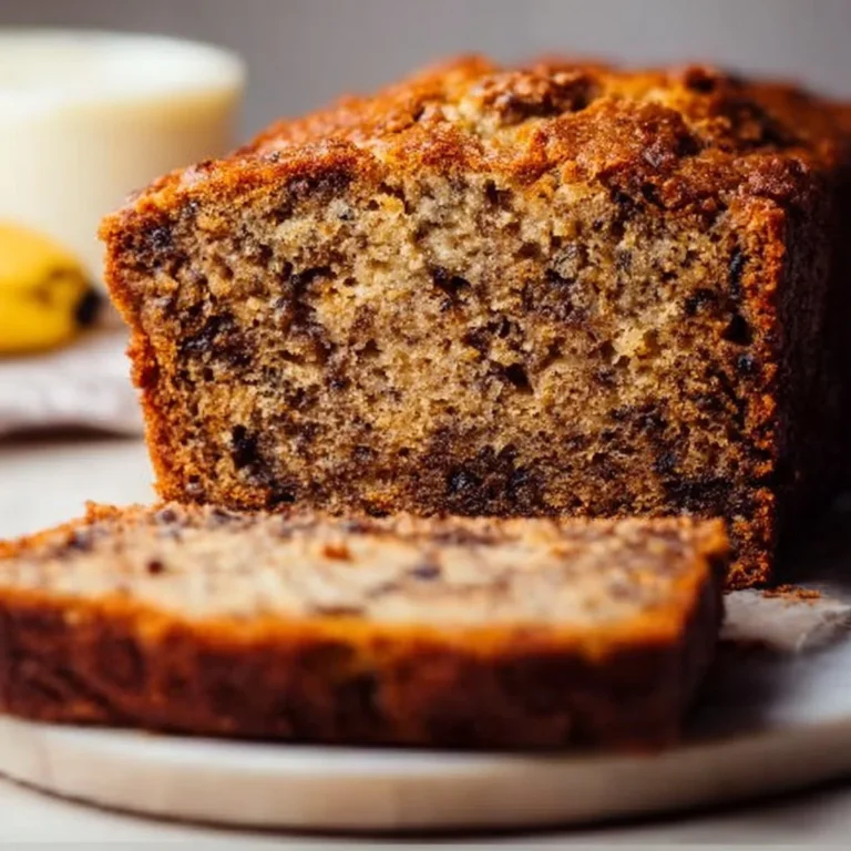 Loaf of moist banana bread made with sour cream on a wooden table