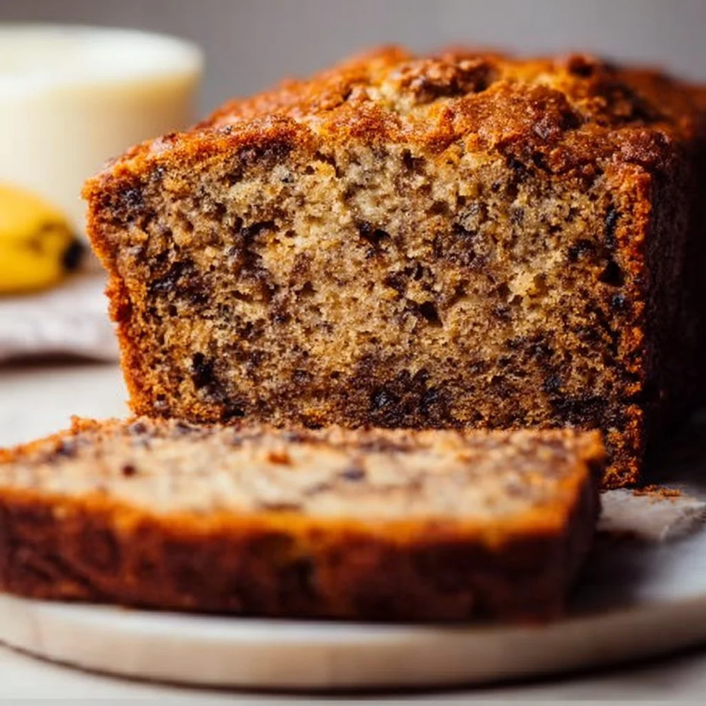 Loaf of moist banana bread made with sour cream on a wooden table