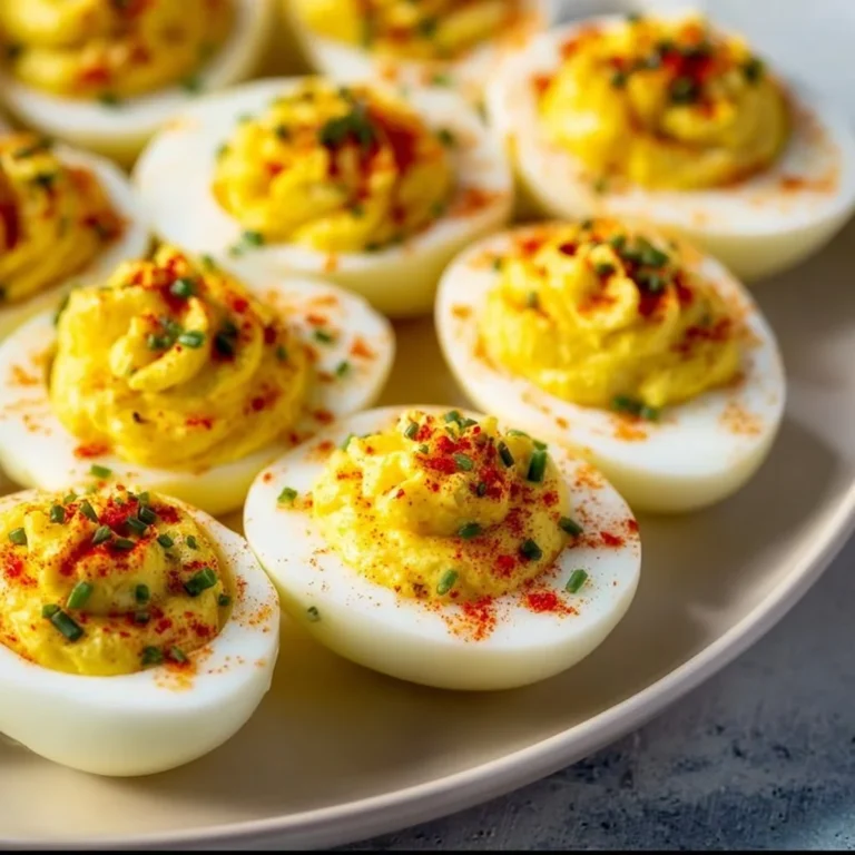 Plate of classic Southern deviled eggs with relish, garnished for flavor.