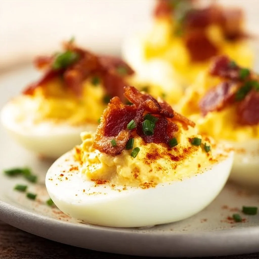 Easy keto deviled eggs topped with crispy bacon, perfect for low-carb diets.