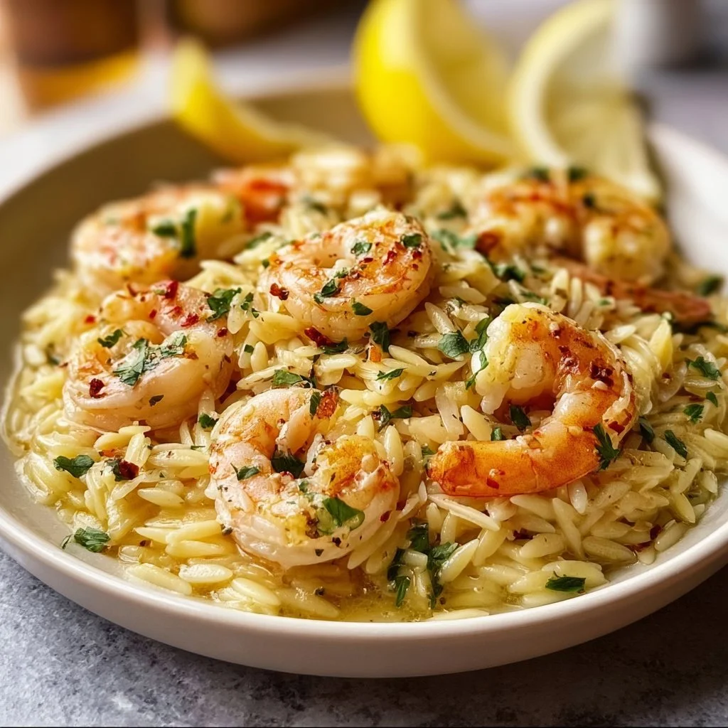Easy shrimp orzo in lemon garlic sauce served in a bowl